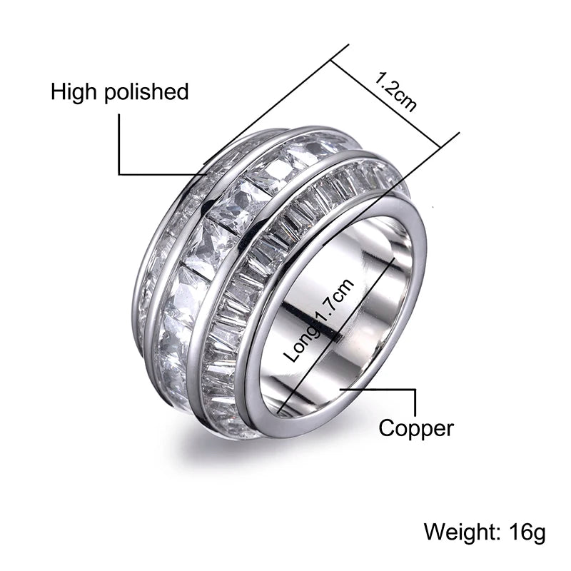 Hip Hop Men's Round Ring Copper Charm Big Baguette Cubic Zircon Iced Out Ring For Men Fashion Jewelry