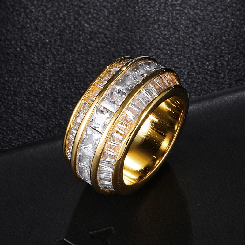 Hip Hop Men's Round Ring Copper Charm Big Baguette Cubic Zircon Iced Out Ring For Men Fashion Jewelry