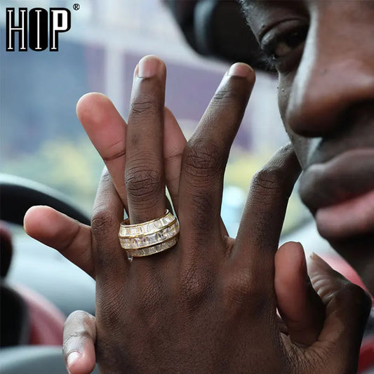 Hip Hop Men's Round Ring Copper Charm Big Baguette Cubic Zircon Iced Out Ring For Men Fashion Jewelry