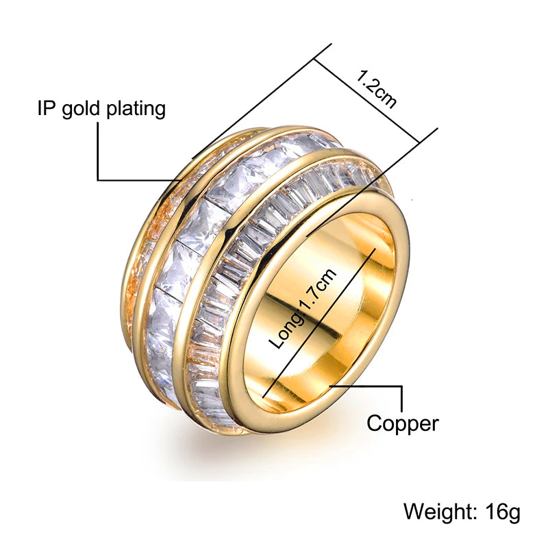 Hip Hop Men's Round Ring Copper Charm Big Baguette Cubic Zircon Iced Out Ring For Men Fashion Jewelry