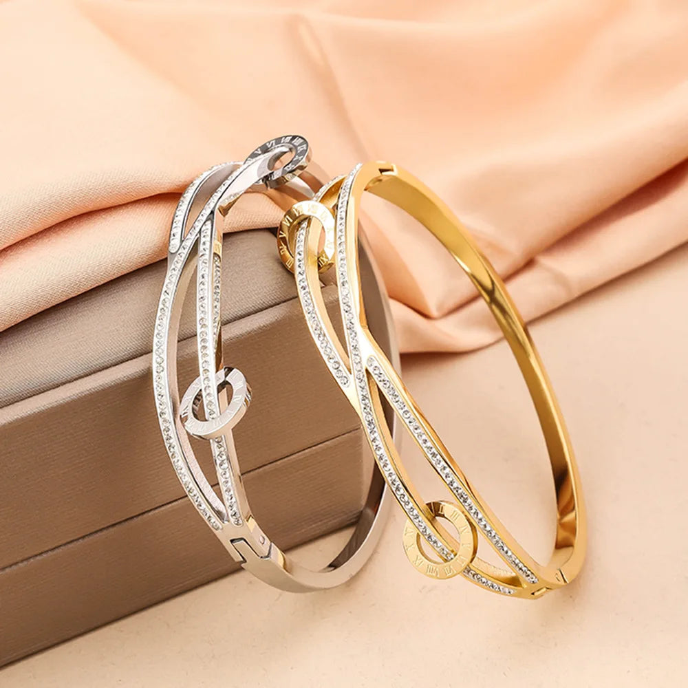 Trendy Stainless Steel Women's Bracelet Bangle, Non Fading Inlaid Zircon Lines Hollowed Out Light Luxury Jewelry Accessories