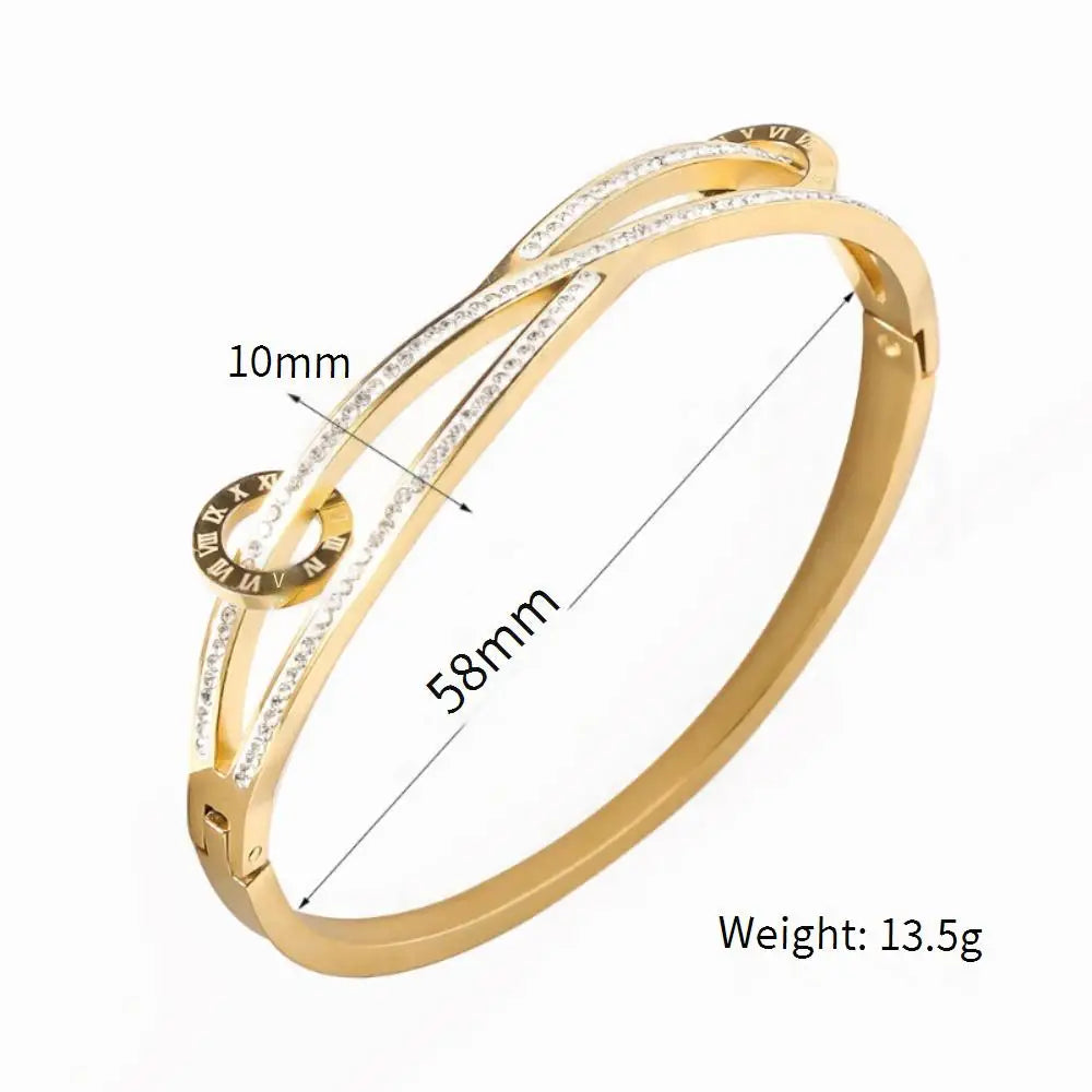 Trendy Stainless Steel Women's Bracelet Bangle, Non Fading Inlaid Zircon Lines Hollowed Out Light Luxury Jewelry Accessories